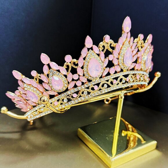 Gold Crown Crystal Tiara, Princess Crown, Gold Wedding Tiara, Wedding Pink Crown main image 4